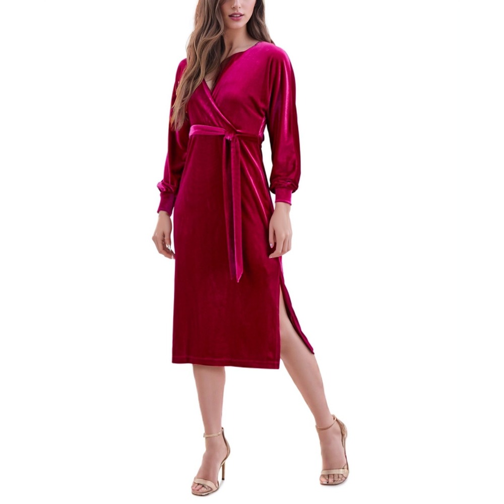 Taylor Wrap Dress Womens 10‎ Pink Topaz Velvet Midi Long Sleeve A-Line Party NWT